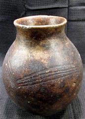 LOT 2 EARTHENWARE ROUNDED BOTTOM POTS - ONE POT EIGHT INCHES TALL WITH DIAGONO G